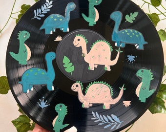 Hand-Painted Dinosaur Album Art, Upcycled 12x12 Decor