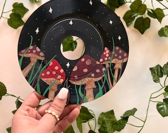 Hand Painted Mushroom Record, Up-cycled 7x7 Art