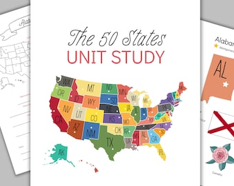 50 States Unit Study, US Fifty States and Capitals Workbook, 50 States Flashcards, USA Geography, Homeschool Printables, USA State Maps, pdf