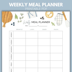 Meal Planner Printable, Weekly Meal Planner with Shopping List, Meal Tracker, Food Journal, Menu Plan, Health and Fitness, Notes