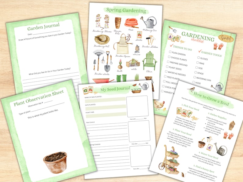 May include: A set of printable gardening checklists and journals with watercolor illustrations of gardening tools, plants, and a watering can. The checklists include "Things to Do" and "Garden Tools" with checkboxes. The journals include "Garden Journal", "Plant Observation Sheet", and "My Seed Journal".