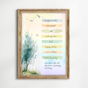 May include: A watercolor illustration of a tree with a colorful background. The background has a list of daily activities, including breakfast and Bible, morning basket, math, creative free time, lunch, language arts loop, science or history, tea time and journaling, and nature walks on Wednesdays and Fridays.