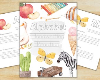 May include: A printable worksheet for learning the alphabet. The worksheet features a variety of colorful illustrations, including a red apple, a yellow butterfly, a zebra, a goose, a xylophone, a cactus, and an ice cream cone. The worksheet includes lines for tracing uppercase and lowercase letters.