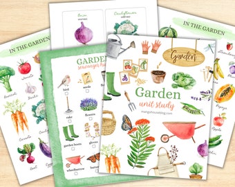 Puede incluir: Un conjunto de hojas de trabajo imprimibles para el estudio de la unidad de jardín con ilustraciones de acuarela de plantas de jardín, herramientas y otros artículos. Las hojas de trabajo incluyen una búsqueda del tesoro de jardín, un estudio de la unidad de jardín y una lista de verificación "En el jardín".