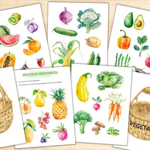 May include: A printable set of watercolor illustrations of fruits and vegetables. The set includes two baskets, one labeled "FRUITS" and the other labeled "VEGETABLES". The set is designed for children to learn about different fruits and vegetables.