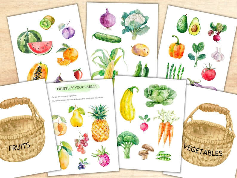 May include: A printable set of watercolor illustrations of fruits and vegetables. The set includes two baskets, one labeled "FRUITS" and the other labeled "VEGETABLES". The set is designed for children to learn about different fruits and vegetables.