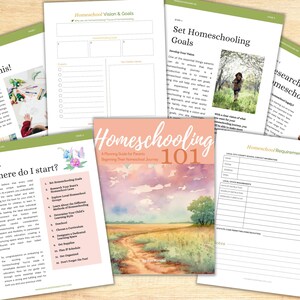 May include: Homeschooling 101: A Planning Guide for Families Beginning Their Homeschooling Journey. A watercolour illustration of a path leading through a field with a tree in the distance. The book cover features the title "Homeschooling 101" in pink and white text.