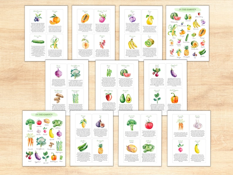 May include: A set of 24 watercolor illustrations of fruits and vegetables with their names and descriptions. The illustrations are arranged in a grid on a light wood background. The illustrations are in a variety of colors, including red, green, yellow, orange, purple, and brown.