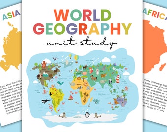 World Geography Unit Study, 7 Continents Study, Animals of the World, Geography Worksheets for Kids, Animal Fact Cards, Geography Fact Cards