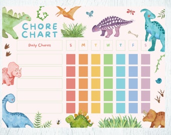 Tabella stampabile delle faccende domestiche sui dinosauri per bambini (download immediato)