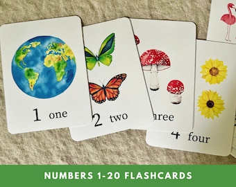 Tarjetas de acuarela con números del 1 al 20: Naturaleza (imprimibles)