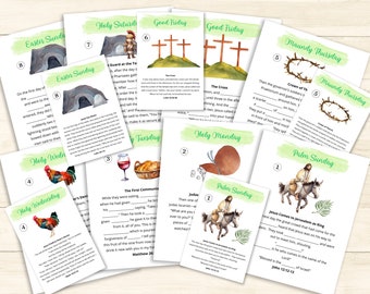 Puede incluir: Un conjunto de diez tarjetas imprimibles con ilustraciones de acuarela que representan escenas de la historia de Pascua. Cada tarjeta presenta un evento diferente, incluyendo el Domingo de Ramos, el Lunes Santo, el Miércoles Santo, el Jueves Santo, el Viernes Santo, el Sábado Santo y el Domingo de Pascua. Las tarjetas están diseñadas para niños e incluyen actividades de completar los espacios en blanco.