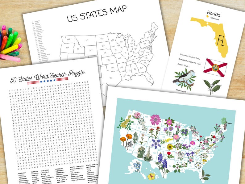 May include: A printable set of educational resources for learning about the United States. The set includes a blank map of the US, a word search puzzle with all 50 states, and a map of the US with each state's flower.