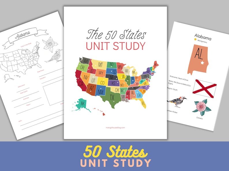 May include: A printable worksheet for a 50 states unit study. The worksheet includes a map of the United States with each state colored in a different color, a blank map of the United States, and a state fact sheet for Alabama. The state fact sheet includes the state abbreviation, capital city, nickname, bird, and flower.