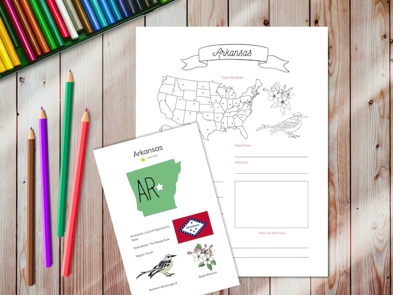 May include: A printable worksheet for learning about the state of Arkansas. The worksheet includes a map of the United States with Arkansas highlighted, a blank map of Arkansas, a drawing of the state flag, and a drawing of the state bird, the Northern Mockingbird.