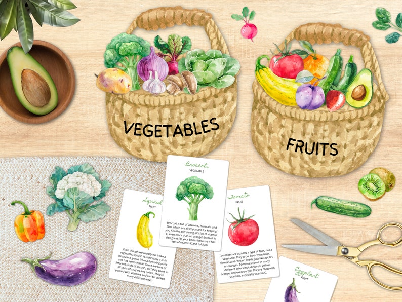 May include: Two baskets, one labeled "VEGETABLES" and the other "FRUITS", filled with various fruits and vegetables.  Cards with names and descriptions of each item are scattered around the baskets.
