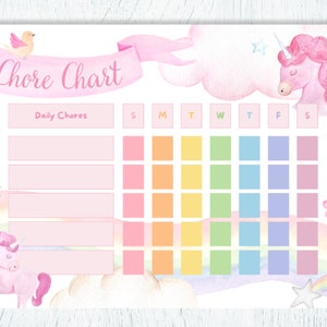 Printable Unicorn Chore Chart, Girl Daily Chore Chart, Chore Chart for Kids, Chore Chart Printable, Instant Download, Printable PDF