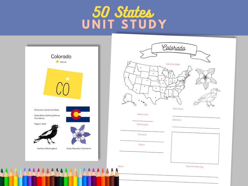 May include: A printable worksheet for learning about the state of Colorado. The worksheet includes a map of the United States with Colorado highlighted, a space to draw the state flag, and information about the state's nickname, motto, capital, flower, and bird.