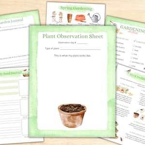 May include: A set of printable gardening journal pages with green and white backgrounds. The pages include a plant observation sheet, a seed journal, and a gardening checklist. The pages feature watercolor illustrations of gardening tools, plants, and seeds.