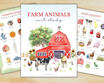 May include: A printable set of three educational worksheets for kids featuring farm animals. The first worksheet is a scavenger hunt with images of farm items like eggs, berries, a stroller, a pie, apples, milk, honey, and a pickup truck. The second worksheet features a red barn with a white X on the side, a cow, a horse, a rooster, a pig, and a sunflower. The third worksheet is an alphabet chart with images of farm animals and objects, such as a barn, a duckling, a cow, a horse, a nest, an insect, a pig, a quail, a tractor, an owl, an udder, vegetables, yarn, a brace, and zucchini.
