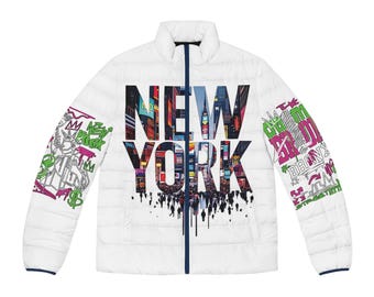 Steamboat Willie Graffiti Cityscape Men's Puffer Jacket | NYC Street Art Word Art Edition