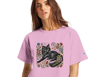 Hungarian Kalocsa Black Cat T-Shirt - Colorful Folk Art Embroidery Style - Unique Cropped Tee