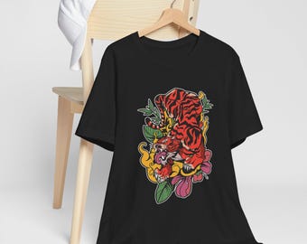 Japanese Tiger Floral Graphic Tee, Unisex Cotton Shirt