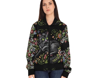 Bomber Jacket, Hungarian Kalocsa, Embroidery style theme, Black Cat Fairy, Colorful Unique Folk Art Styled, Women&#39;s Jacket, Fall Fashion,