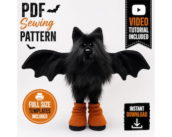 Puede incluir: Una criatura de peluche negra que parece un murciélago con pelo largo, orejas puntiagudas y alas anchas, usando calentadores de piernas naranjas. El texto incluye PDF SEWING PATTERN, VIDEO TUTORIAL INCLUDED, FULL SIZE TEMPLATES INCLUDED e INSTANT DOWNLOAD.