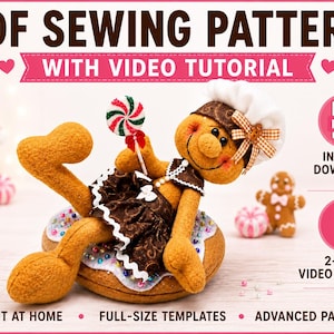 May include: A PDF sewing pattern for a fabric gingerbread doll wearing a chef hat and brown skirt, holding a candy cane. The text reads PDF SEWING PATTERN WITH VIDEO TUTORIAL, INSTANT DOWNLOAD, 2-PART VIDEO TUTORIAL, PRINT AT HOME, FULL-SIZE TEMPLATES.
