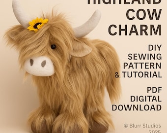 Naaipatroon Schotse hooglanders (pdf), decoratieve boerderijkoe, digitale download, inclusief videotutorial
