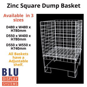 May include: White metal square dump basket with an adjustable shelf. Available in three sizes: 480 x 480 x 780 mm, 550 x 400 x 780 mm, and 550 x 550 x 740 mm.