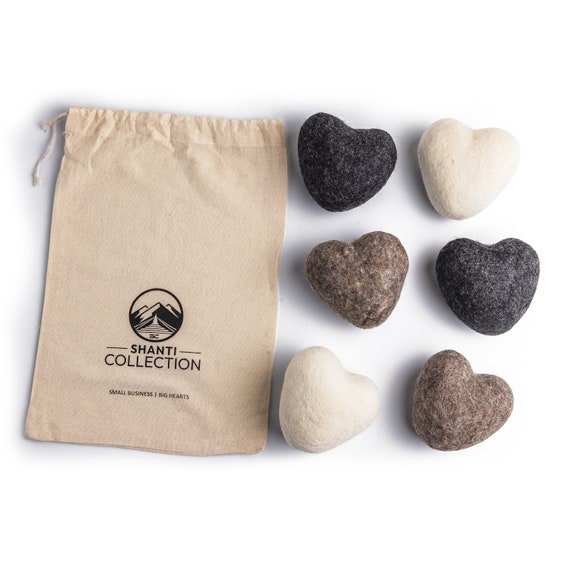 Heart Wool Dryer Balls: XL Handmade Laundry Balls, 6-Pack