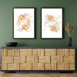 Set of 2 decorative flower prints, Printable floral art. Botanical print. Instant download.