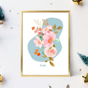 Printable wall art with phrase &quot;SMILE&quot;, Botanical art, Flower print, Wildflower wall art, Instant download, Minimalist wall art.
