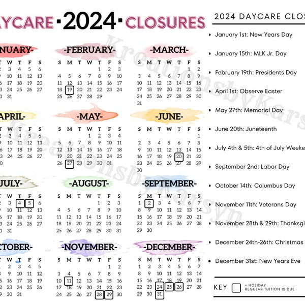 Editable | Printable 2024 Daycare Closure Calendar