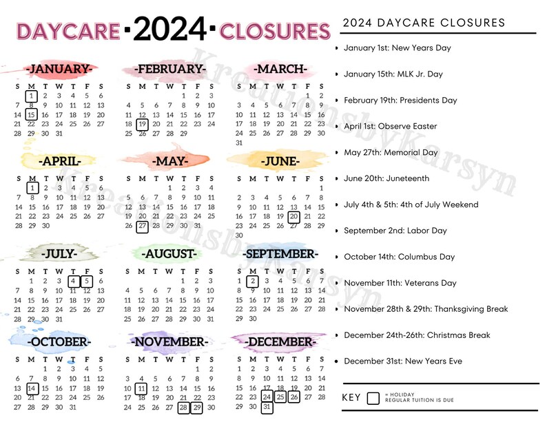 Editable Printable 2024 Daycare Closure Calendar Etsy