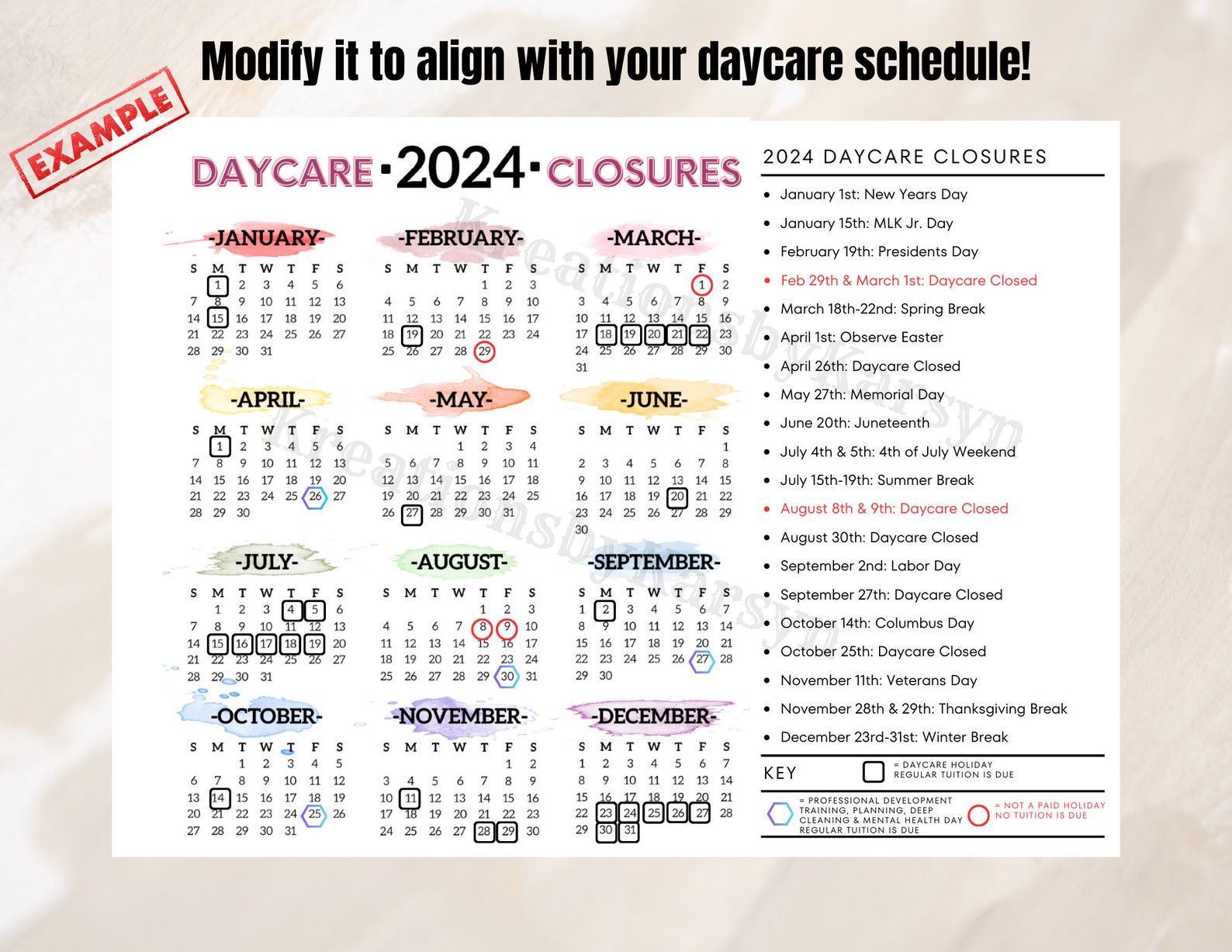 Editable Printable 2024 Daycare Closure Calendar - Etsy Canada