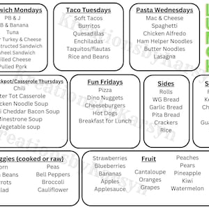May include: A colorful chart with a weekly menu plan for lunch. The menu includes options for sandwiches, tacos, pasta, soups, casseroles, pizza, sides, and sauces. The chart also includes a list of vegetables, fruits, and a fork and knife.