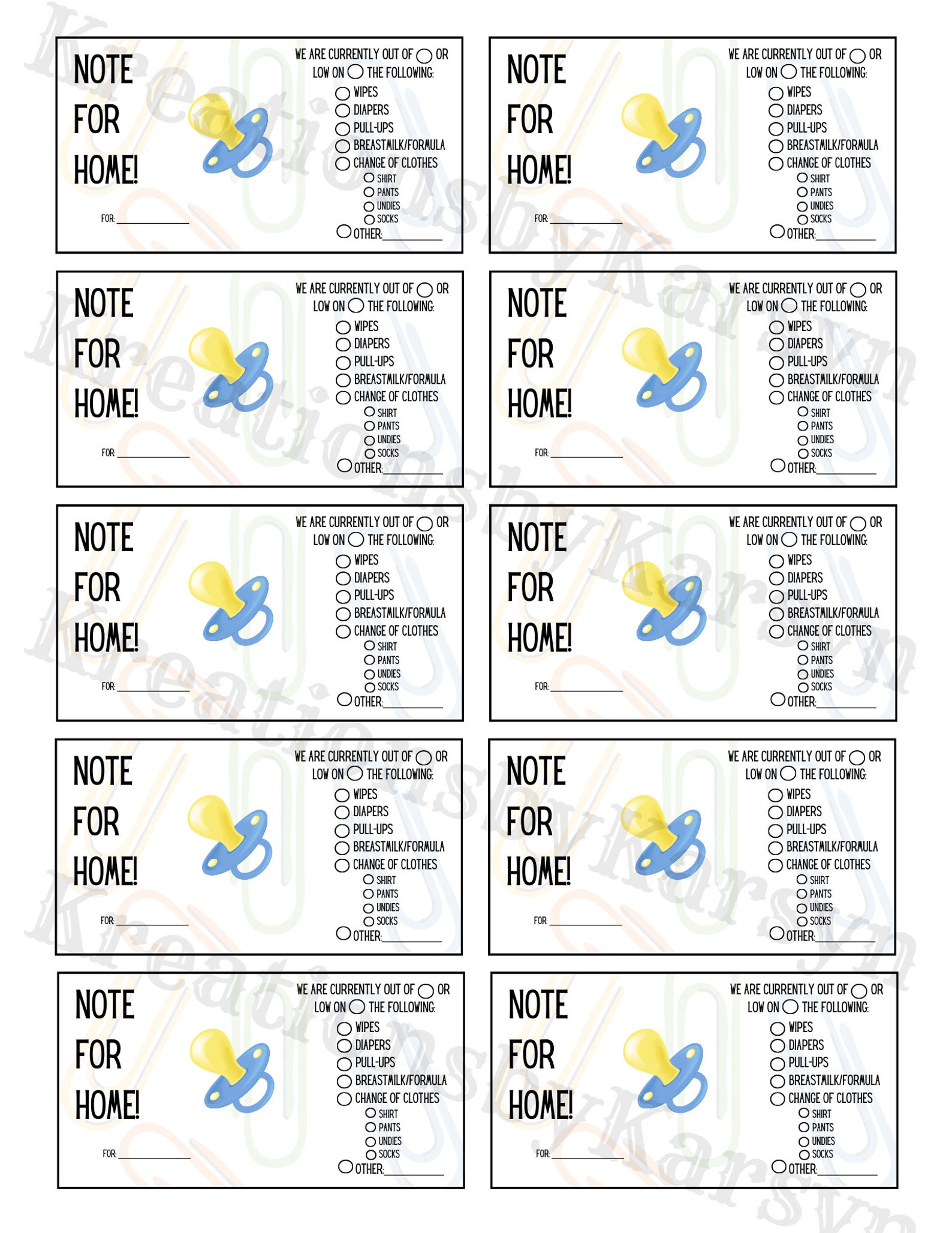 Printable | Daycare Essentials Reminder Note | Instant Download - Etsy