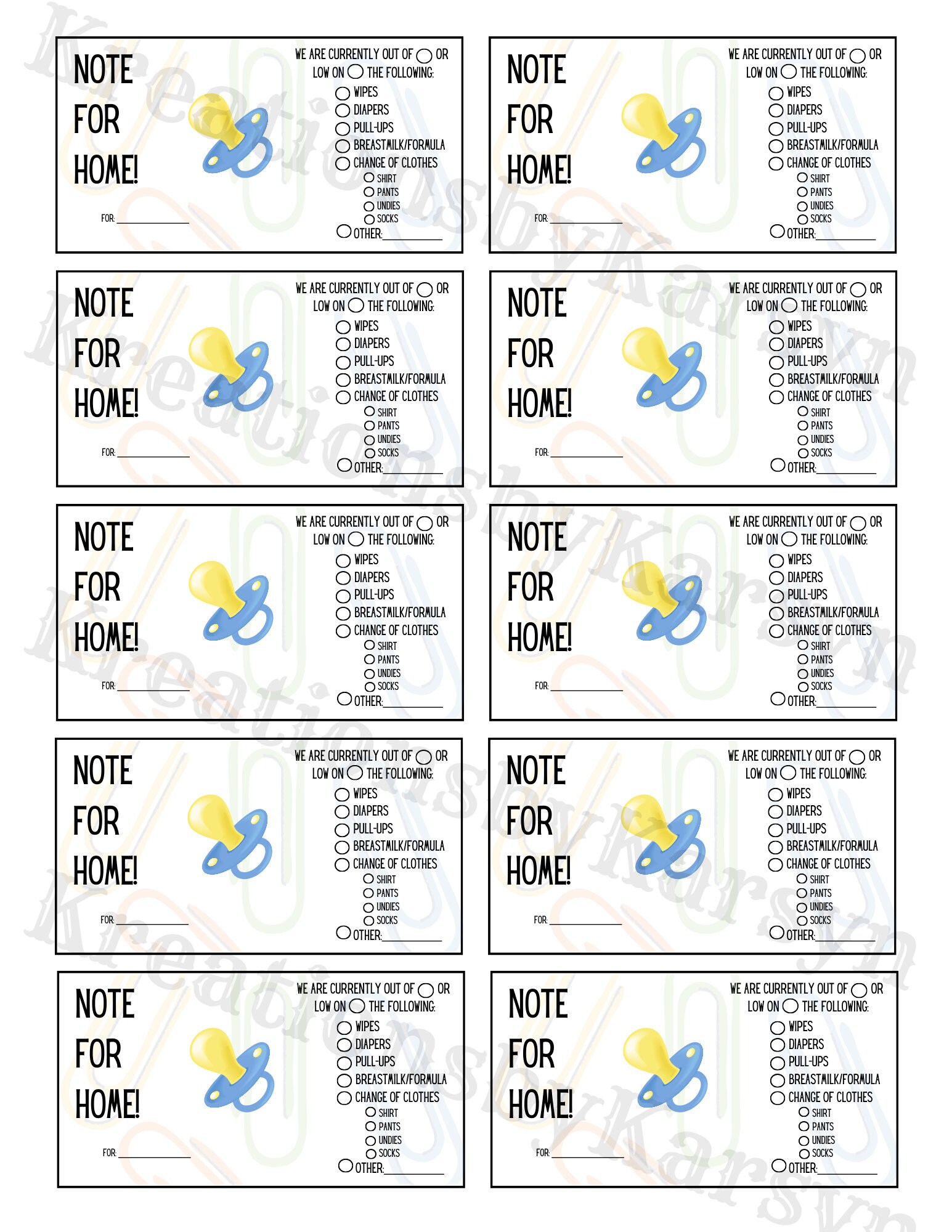 Printable | Daycare Essentials Reminder Note | Instant Download - Etsy