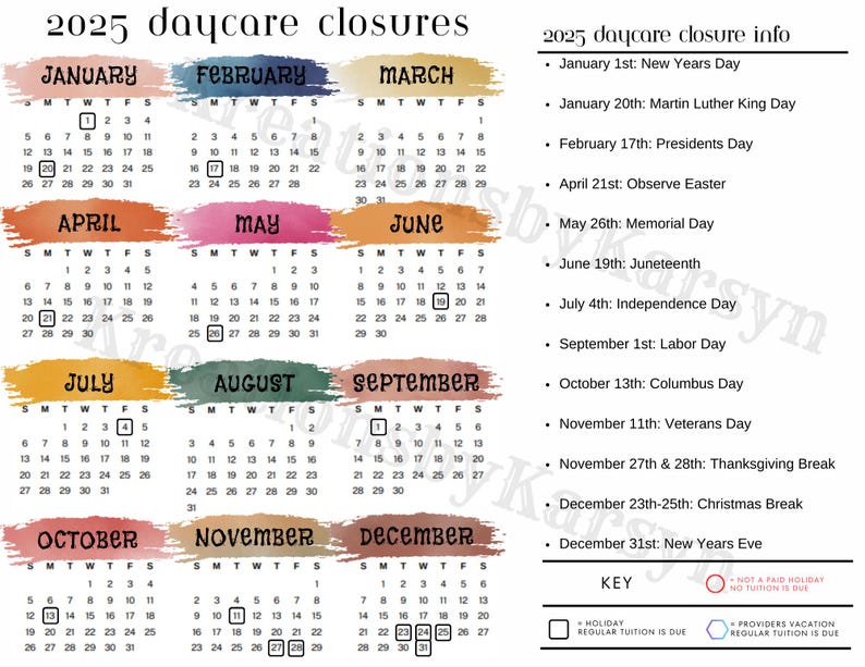 Editable Printable 2025 Daycare Closure Calendar Etsy