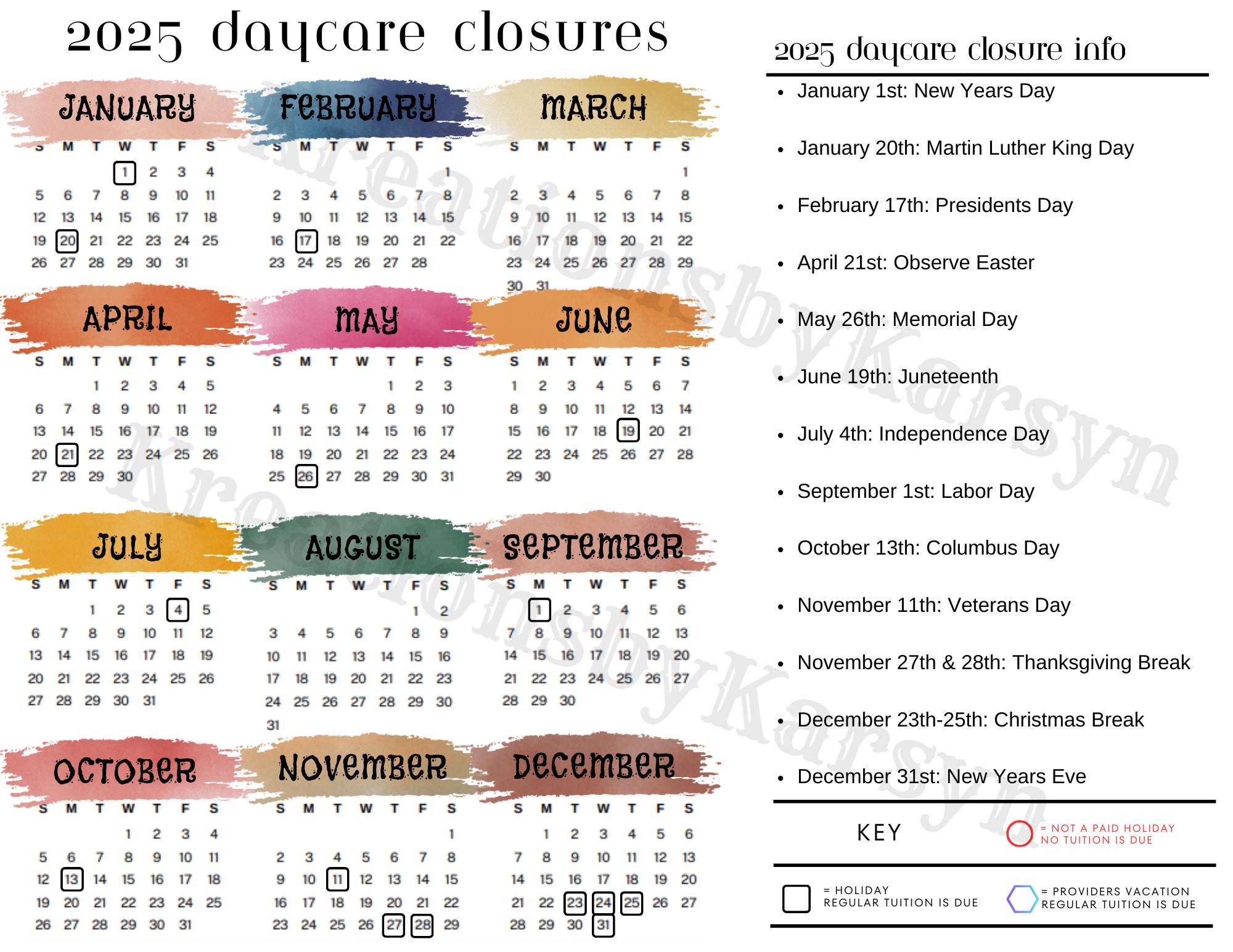 Editable Printable 2025 Daycare Closure Calendar Etsy