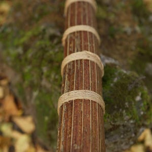 Peut inclure: Un bâton cylindrique en bois présentant une surface en écorce brun rougeâtre texturée. Le bâton est lié à intervalles réguliers avec de la ficelle beige clair, créant une série de sections distinctes sur toute sa longueur. La base est circulaire.
