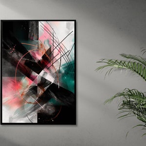 Puede incluir: Impresión de arte abstracto con colores negro, blanco, rosa y azul verdoso. La impresión presenta formas geométricas y líneas.