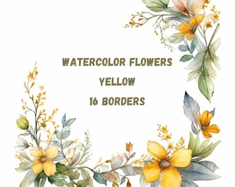 Clipart: 16 Floral Borders – Watercolor Yellow