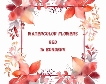 Clipart: 16 Floral Borders – Watercolor Red