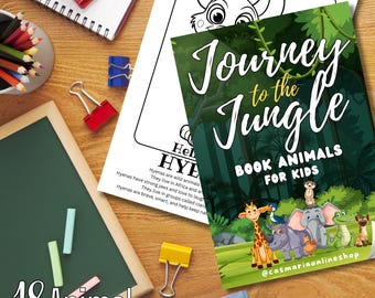 Könnte beinhalten: Ein Kinderbuch mit dem Titel "Journey to the Jungle" mit farbenfrohen Illustrationen von Dschungeltieren. Das Buch wird von einer Malvorlage und Schulmaterialien wie Buntstiften, Kreide und Büroklammern begleitet. Der Text "18 Animal" ist ebenfalls sichtbar.