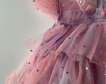 Purple Pink Rainbow Tulle Star Party Dress