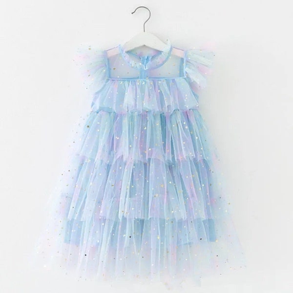Blue Tulle Rainbow Star Party Dress